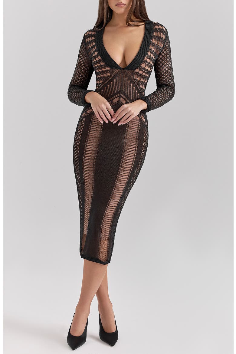 Louella Metallic Long Sleeve Body-Con Cocktail Dress, Main, color, BLACK
