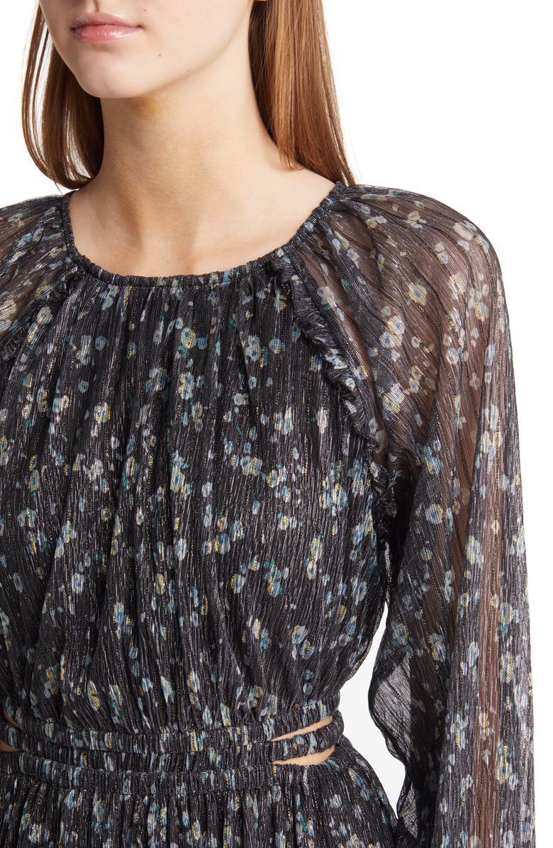 MOON RIVER Smocked Cutout Waist Long Sleeve Midi Dress, Alternate, color, 