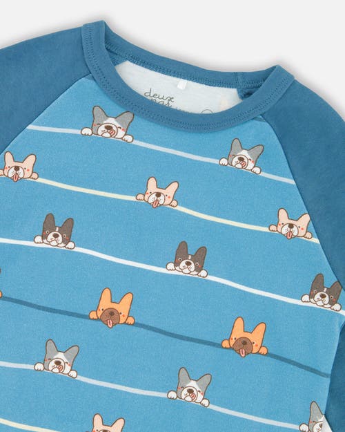 Deux Par Deux Two-piece Organic Cotton Pajama Set Dog In Blue