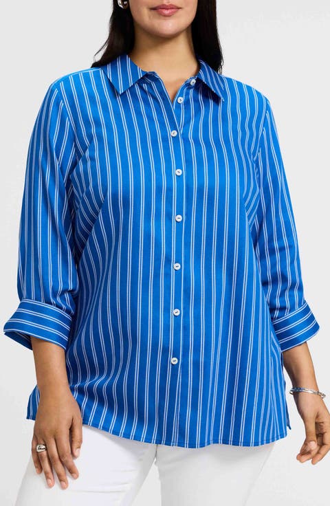 Evelyn Stripe Three-Quarter Sleeve Cotton Button-Up Shirt (Plus)