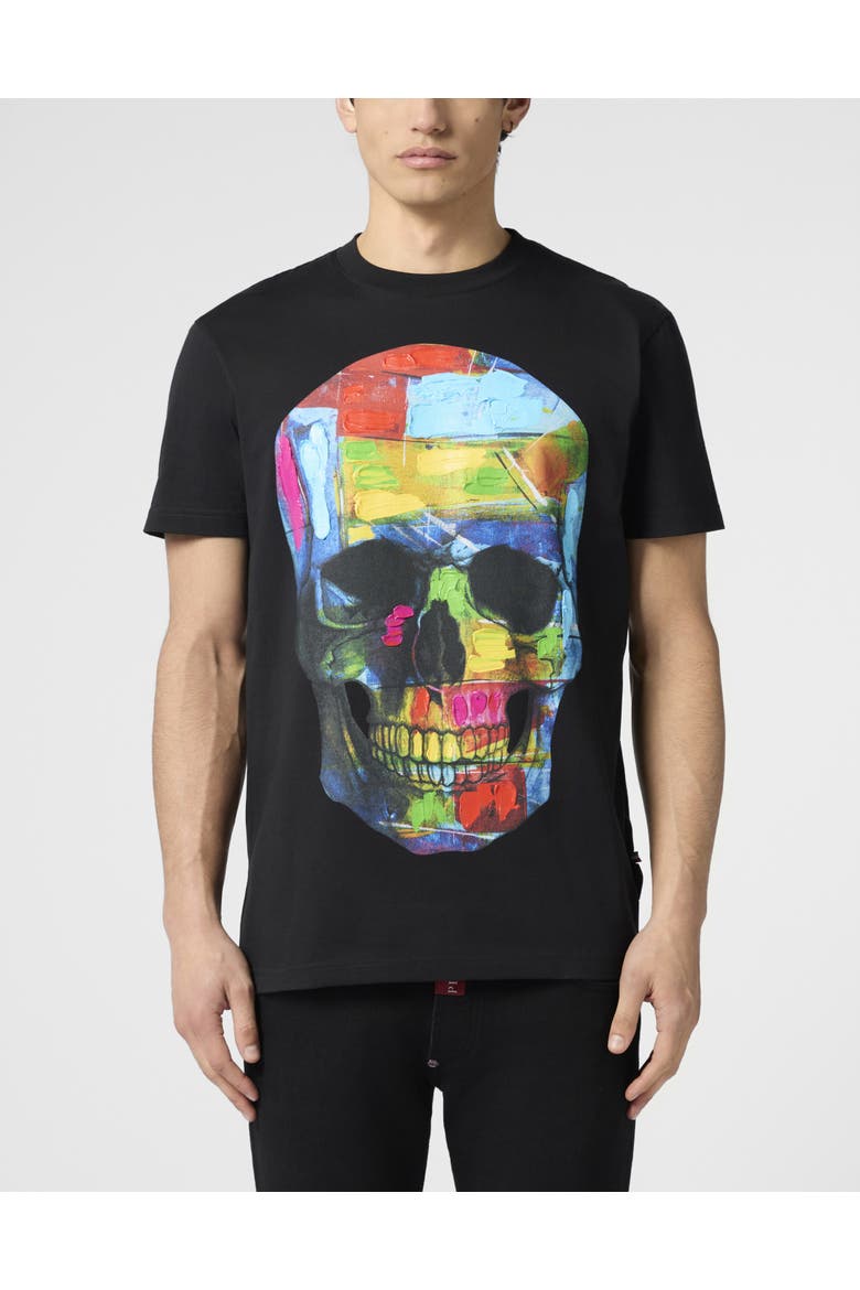 Round Neck T-Shirt Painted Skull Men, Main, color, black