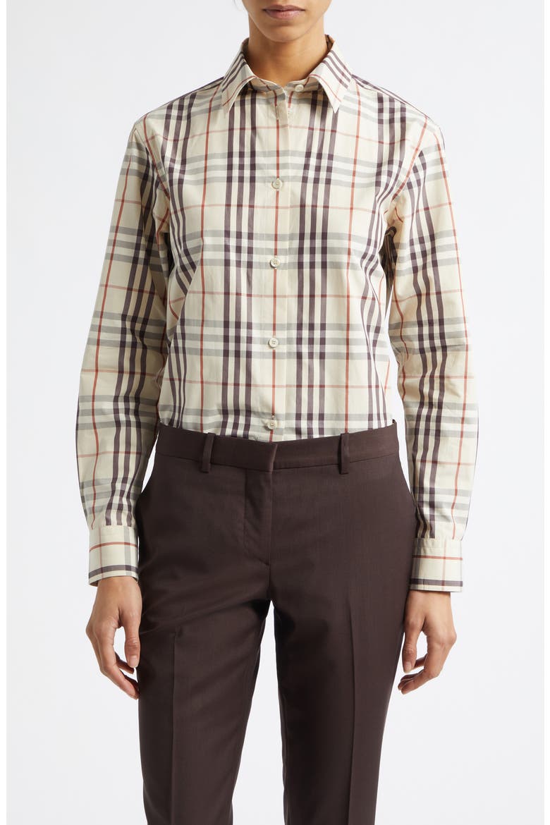 Emma Check Cotton Poplin Button-Up Shirt, Main, color, ALMOND BEIGE IP CHCK