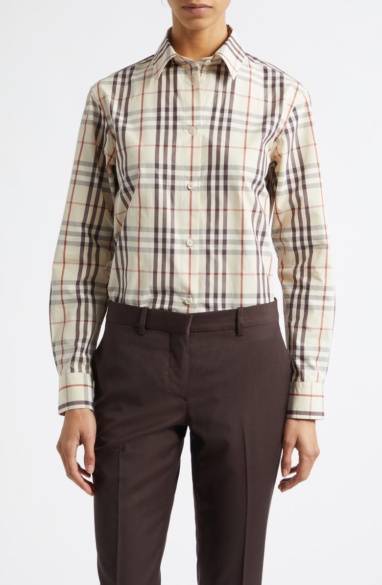 Burberry Emma Check Cotton Poplin Button-Up Shirt, Main, color, Almond Beige Ip Chck