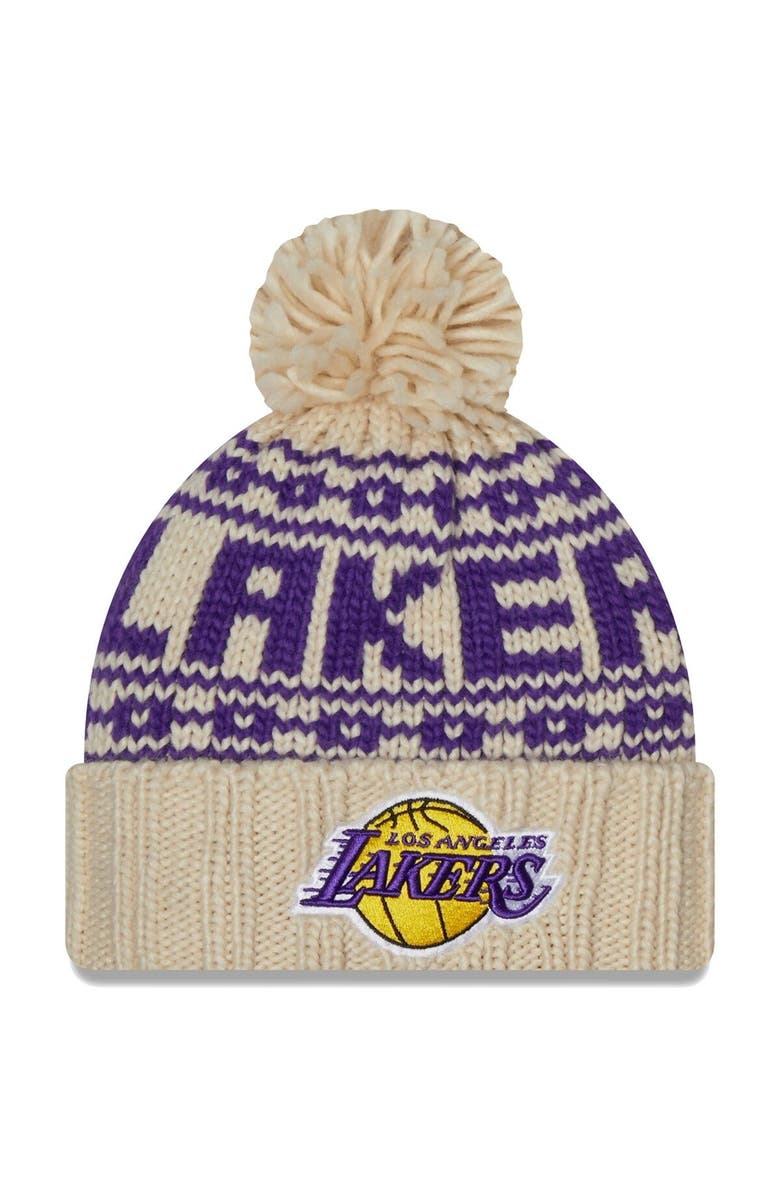 New Era Women's New Era Cream Los Angeles Lakers Sport Cuffed Knit Hat with Pom, Main, color, 