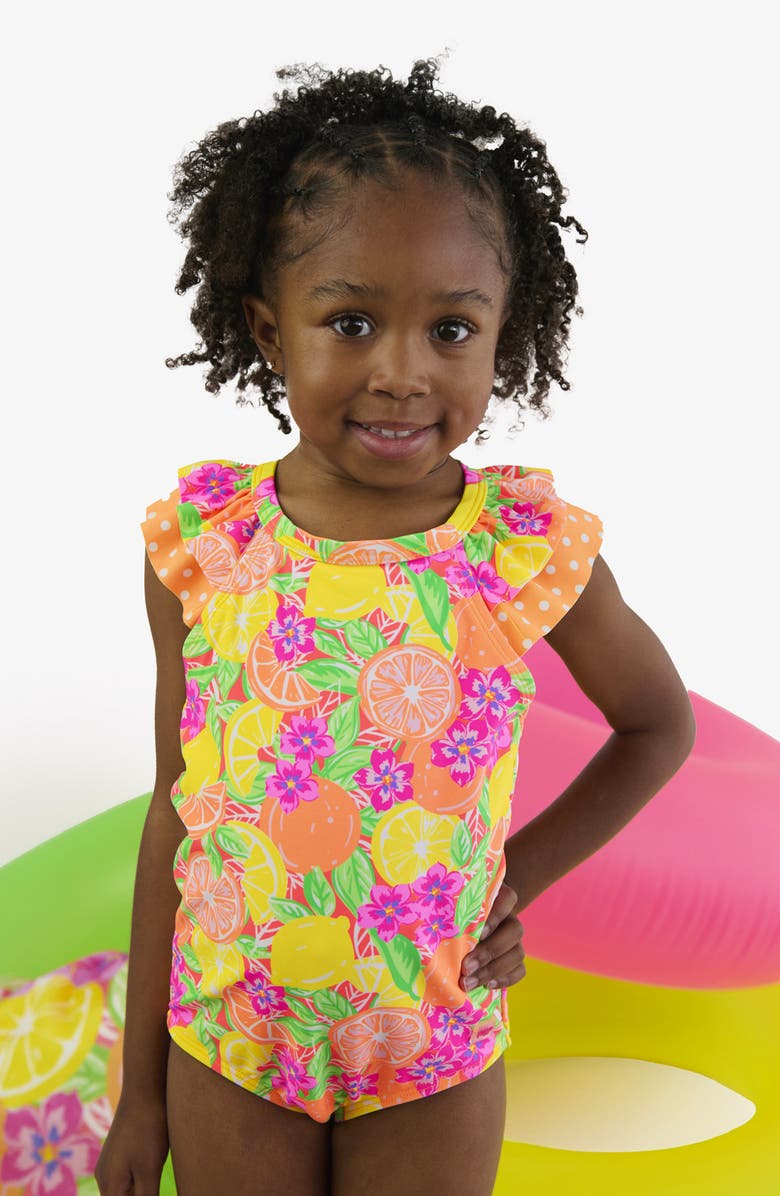 RuffleButts Kids' Neon Squeeze the Day One-Piece Swimsuit, Alternate, color, 