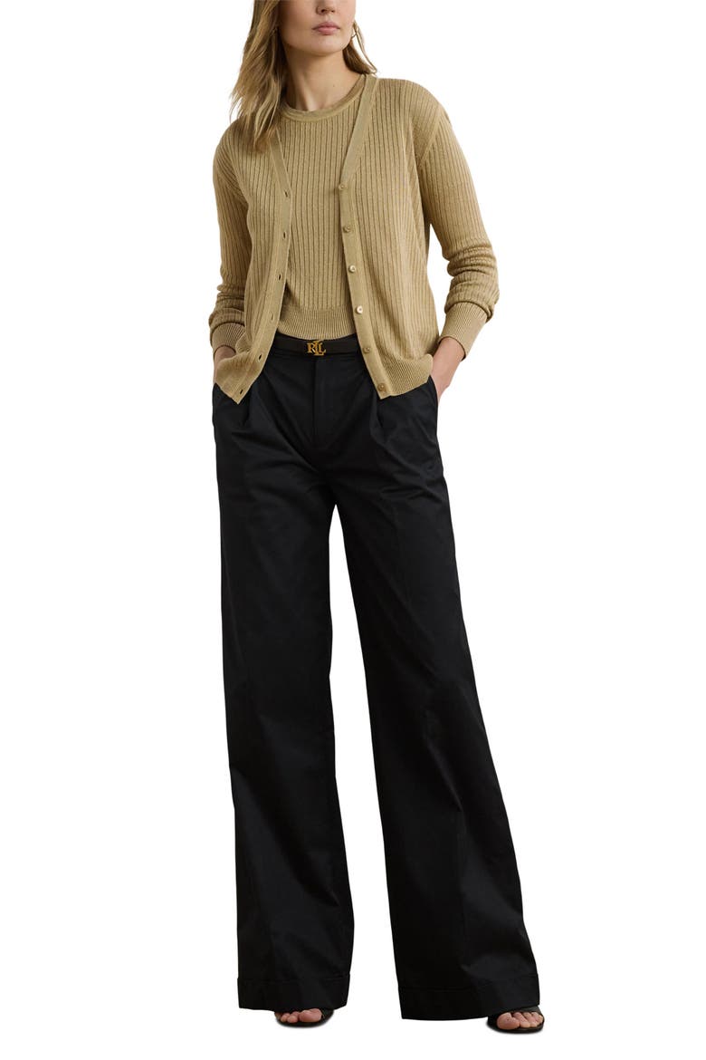 Pleat Front Wide Leg Cotton Twill Pants, Alternate, color, BLACK