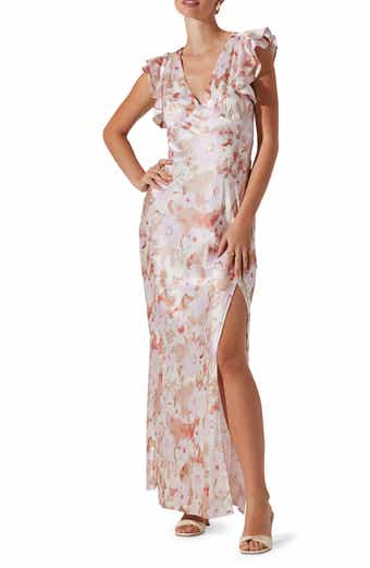 ASTR the Label Floral Flutter Sleeve Satin Maxi Dress