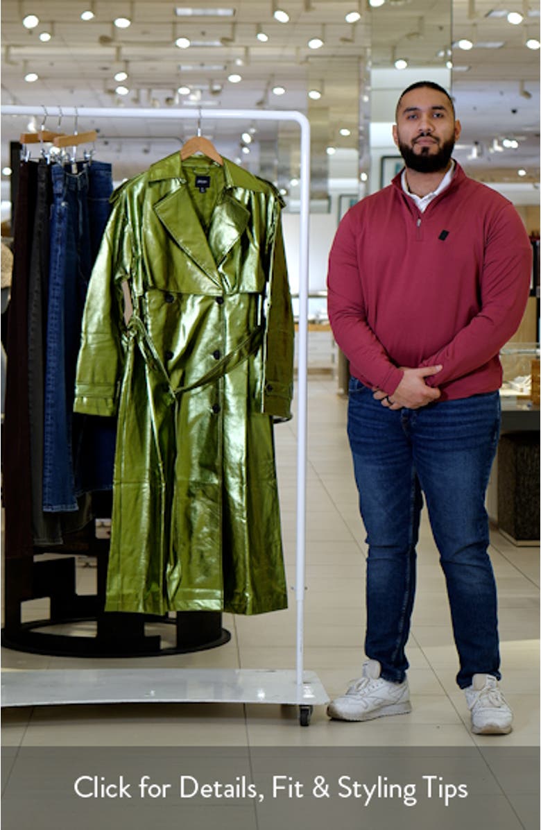 Metallic Belted Double Breasted Faux Leather Trench Coat, sales video thumbnail