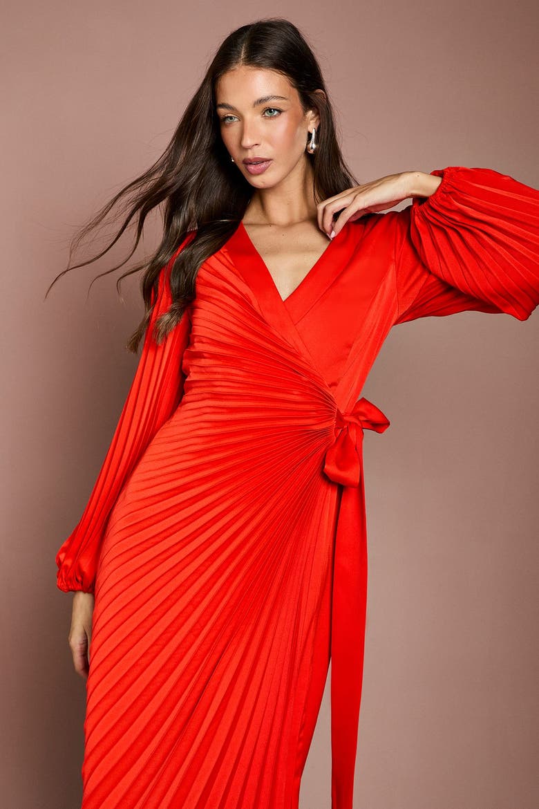 Satin Long Sleeve V-Neck Wrap Dress, Alternate, color, Flame Red