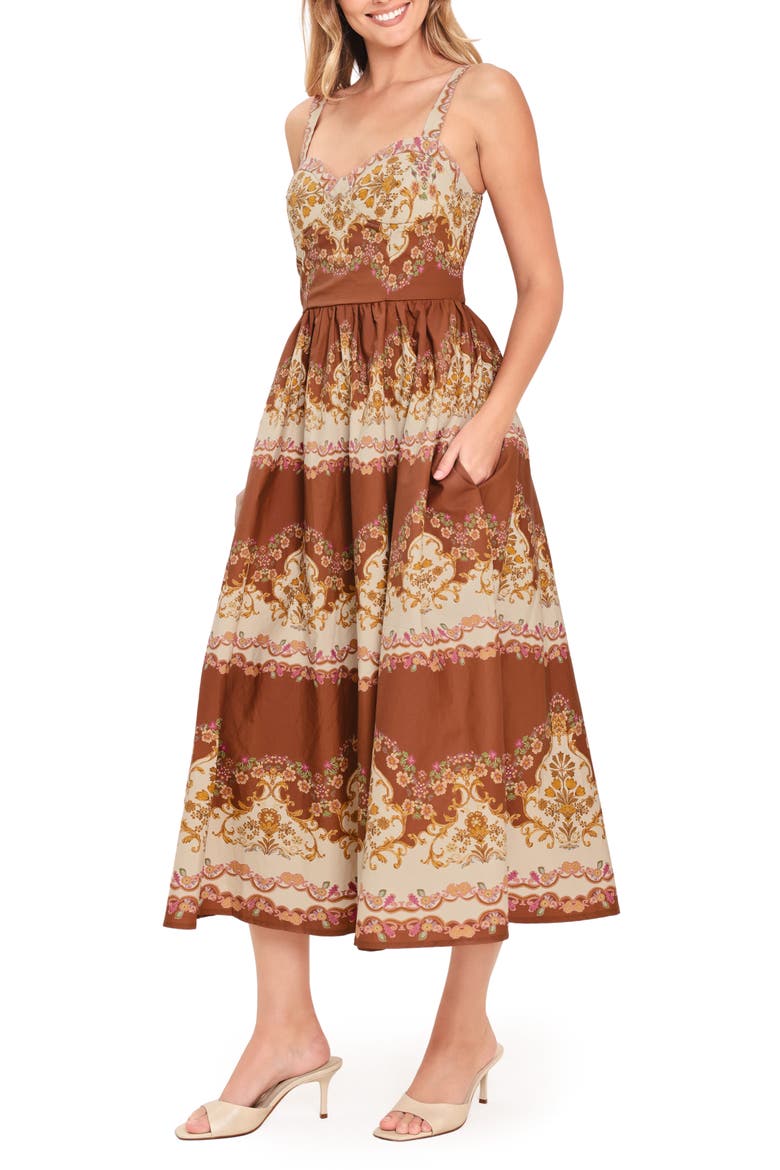 Fit and Flare Midi Dress, Alternate, color, BROWN