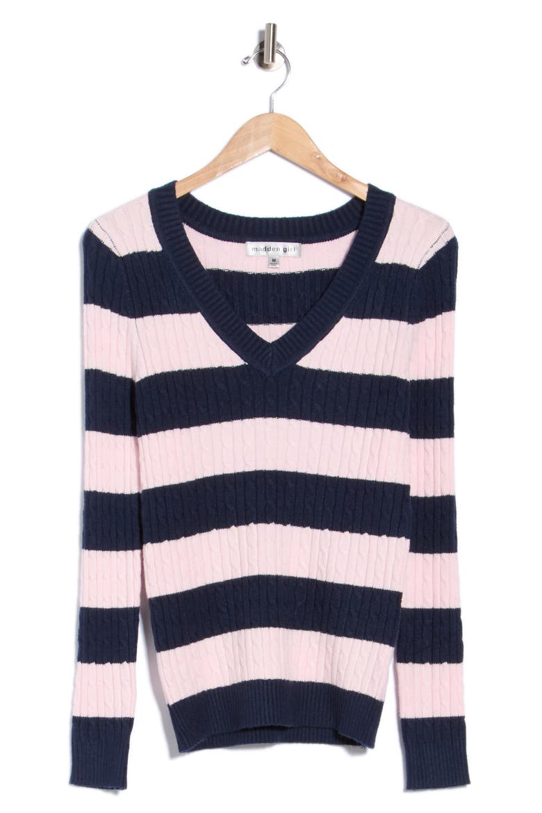 Stripe V-Neck Sweater, Alternate, color, NAVY BLAZER COMBO