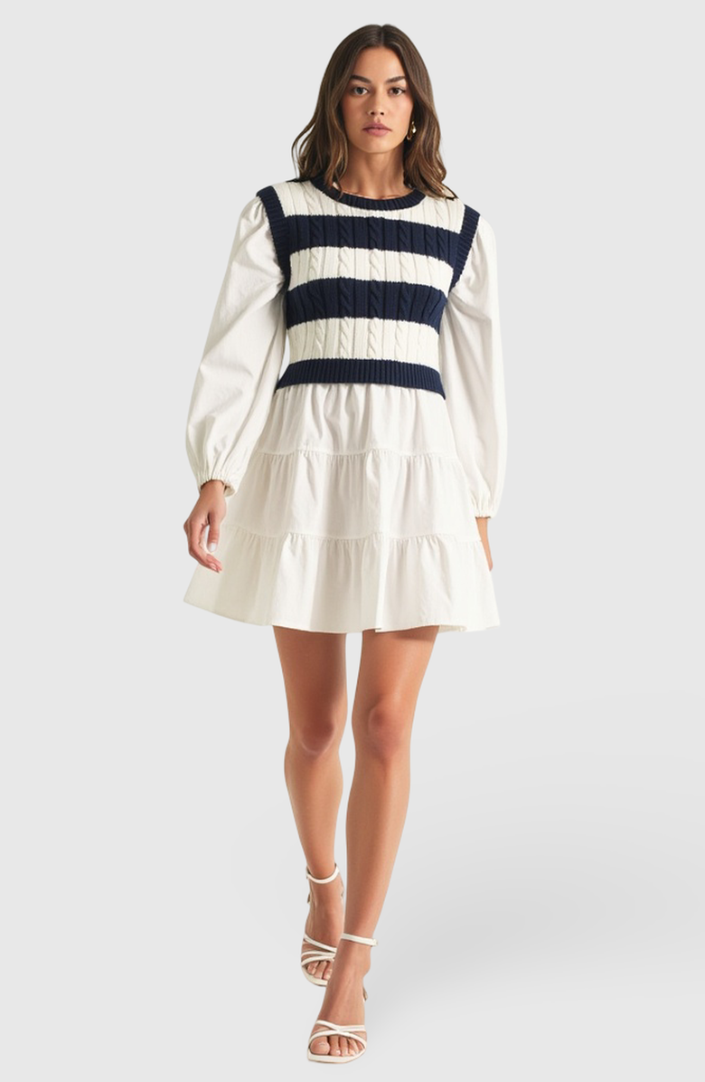 Modenaire Tiered Long Sleeve Mini Dress with Striped Knit Sweater Overlay, Main, color, 