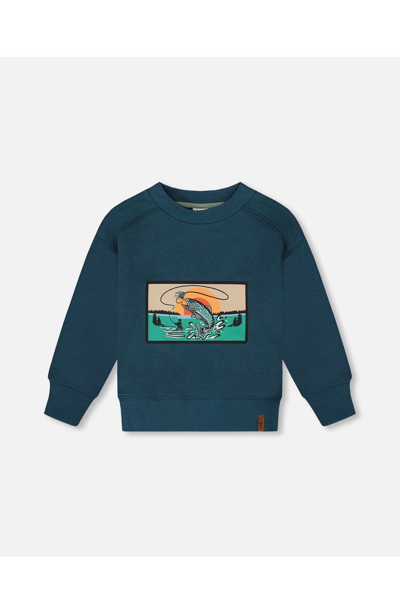 Deux par Deux Little Boy's Pullover French Terry Graphic Sweatshirt Teal And Peach, Main, color, 