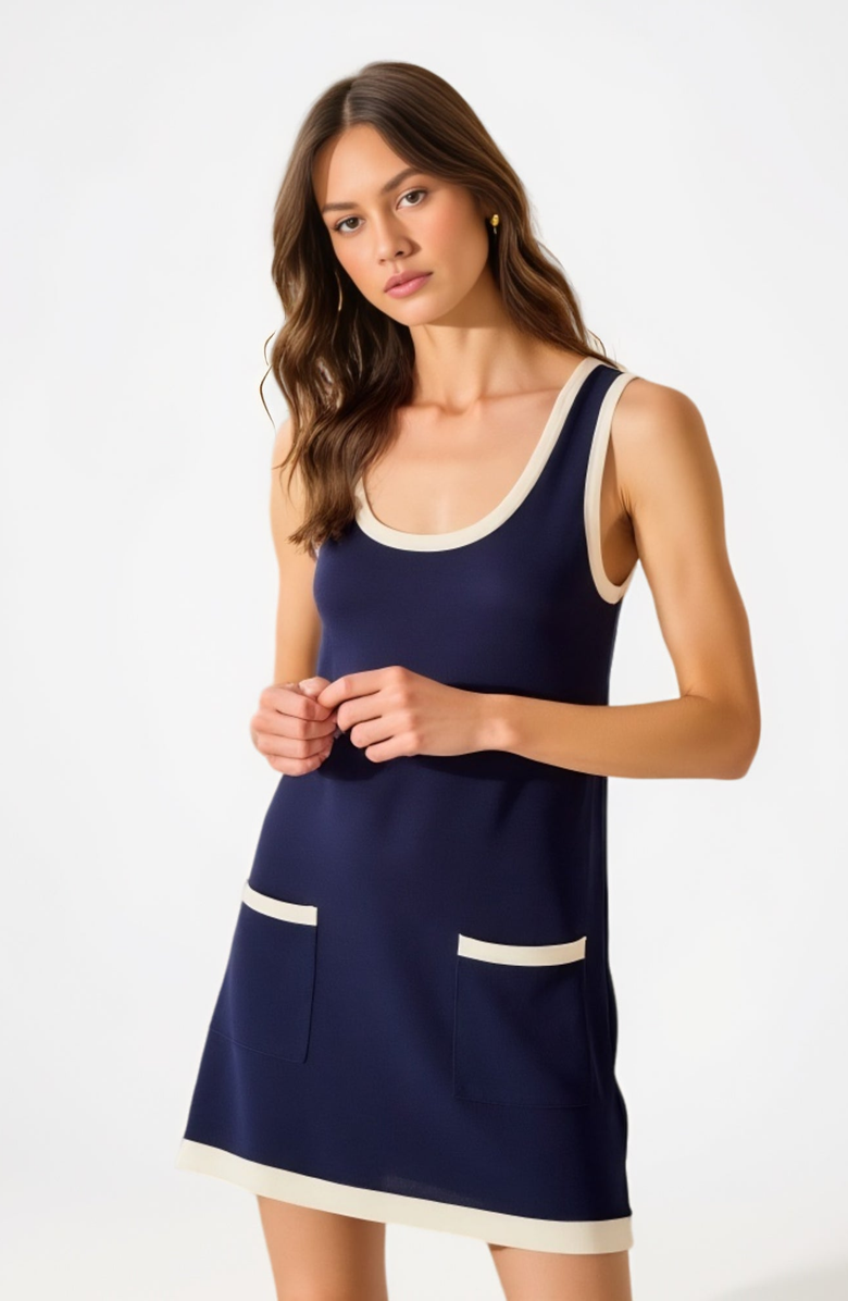 Modenaire Sleeveless Knit Mini Dress with Contrast Trim and Front Pockets, Alternate, color, Navy Blue