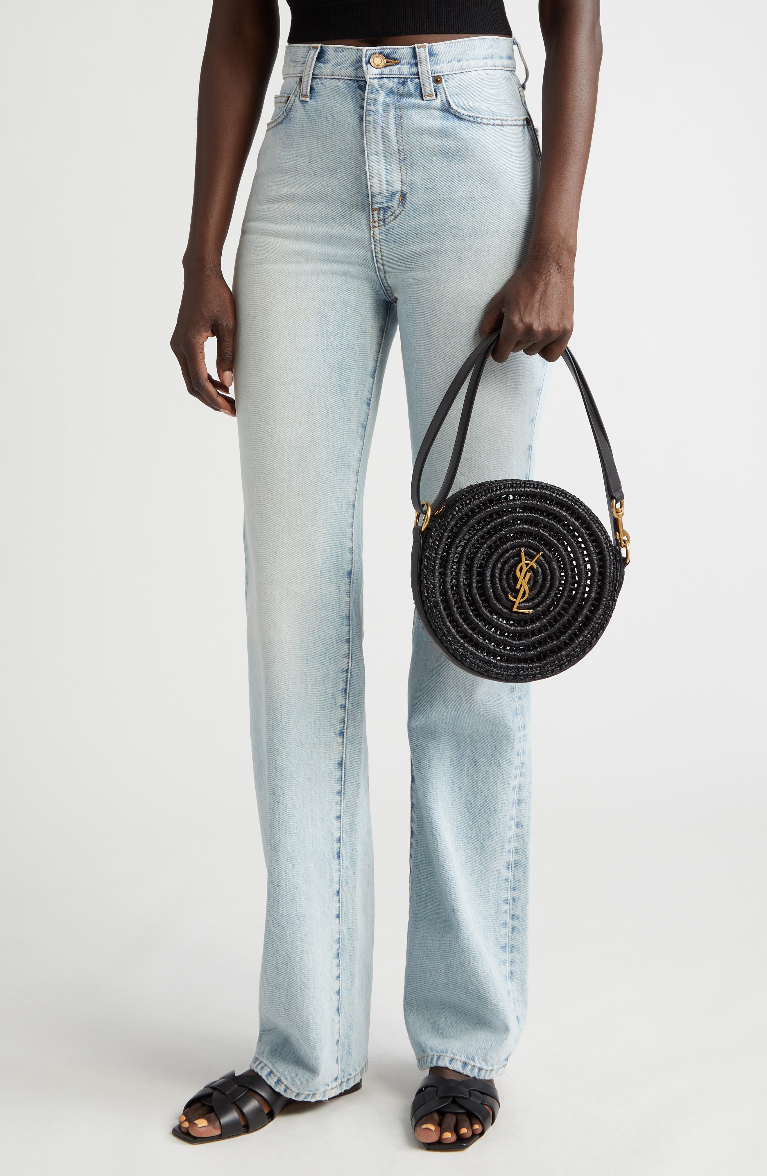 Saint Laurent Woven Raffia Round Camera Bag, Alternate, color, 