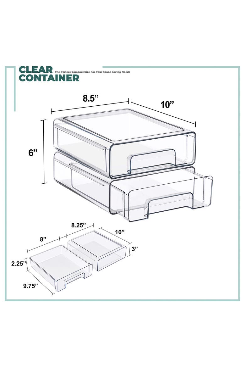 Set of 2 Medium Clear Stackable Drawers, Alternate, color, CLEAR
