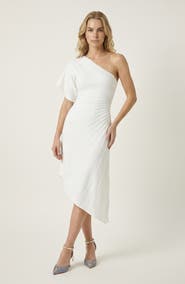 Modenaire One Shoulder Knitted Dress with Slim Waist and Flared Hem