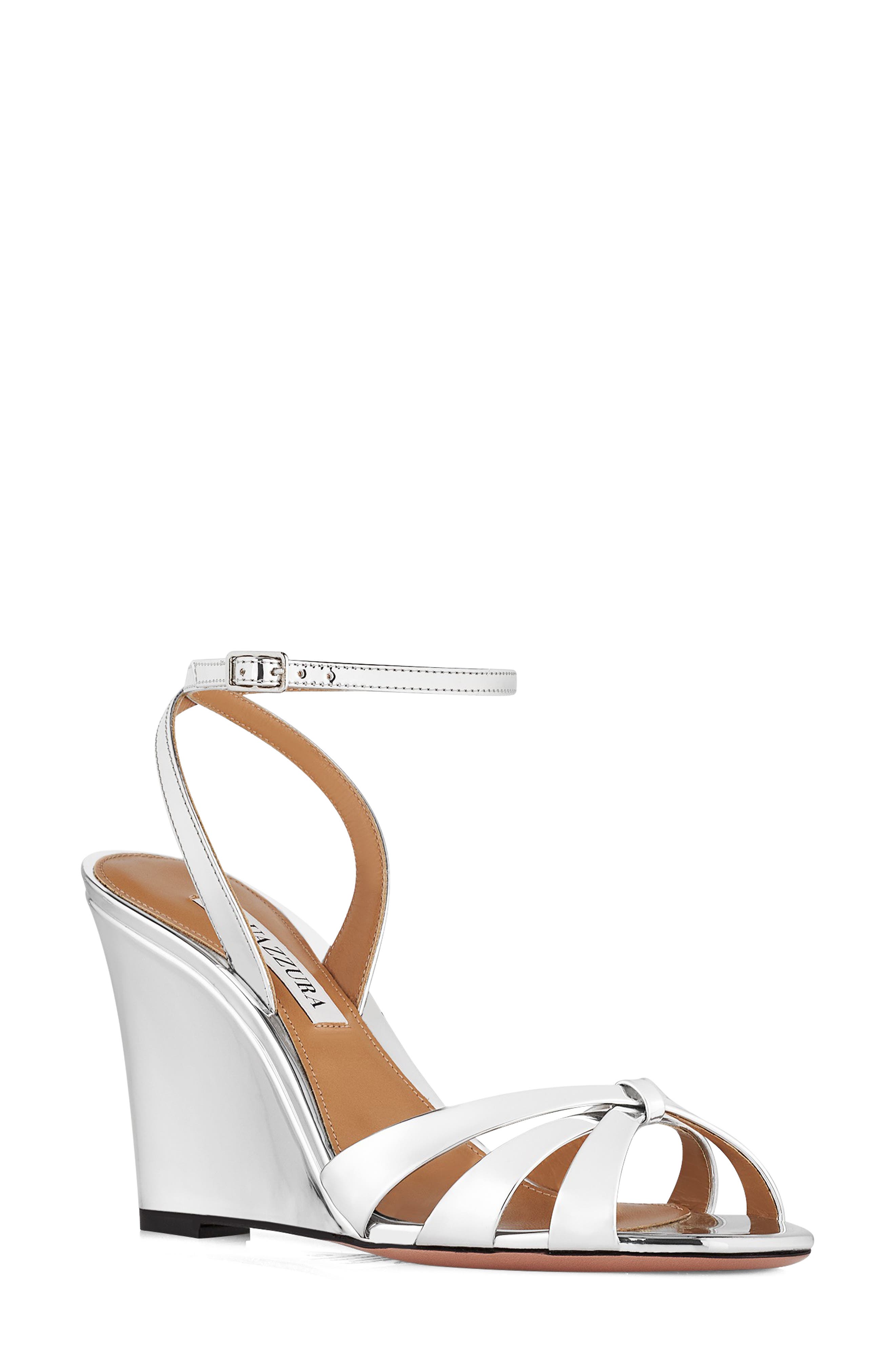 Aquazzura Tati Metallic Wedge Sandal, Main, color, Silver