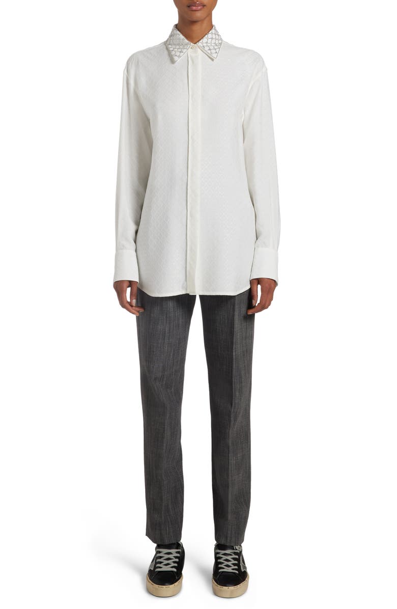 Golden Goose Crystal Embellished Jacquard Silk Blend Button-Up Shirt, Alternate, color, Heritage White