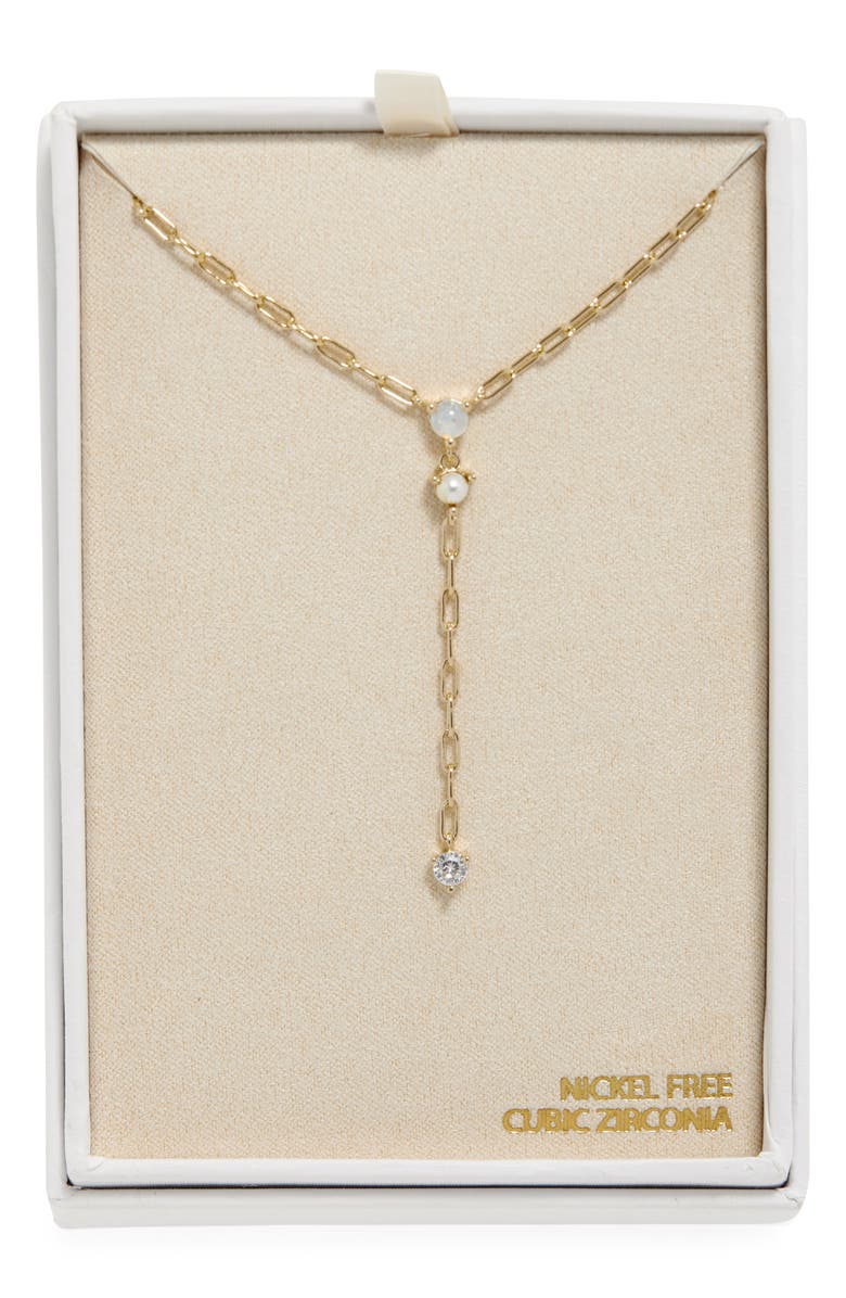 NORDSTROM RACK Faux Pearl & CZ Y-Necklace, Main, color, Clear- Gold