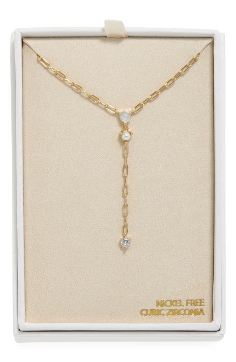 Faux Pearl & CZ Y-Necklace