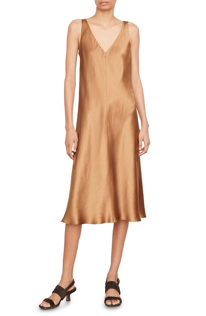 Vince Double V-Neck Satin Midi Slipdress, Main, color, 