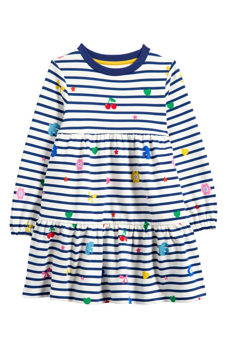Mini Boden Kids' Stripe Long Sleeve Tiered Sweatshirt Dress, Main, color,