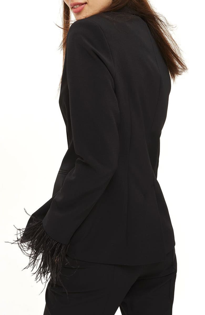 Topshop Feather Trim Blazer, Alternate, color,