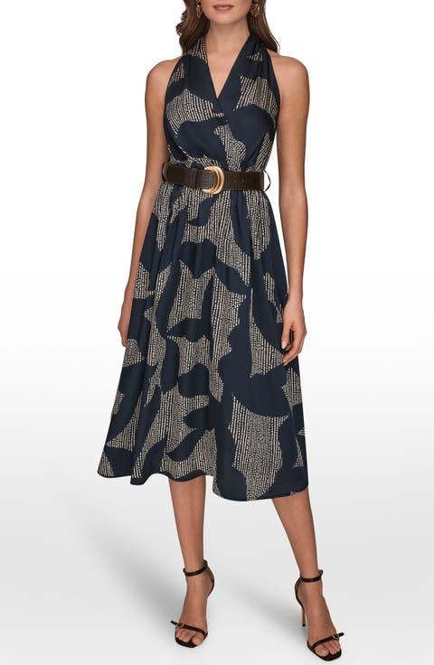 Print Belted Sleeveless Midi Dress