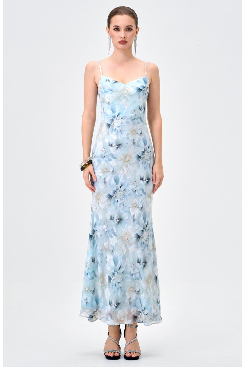 Jazlene Floral Chiffon Midaxi, Main, color, BLUE/SILVER PRINT