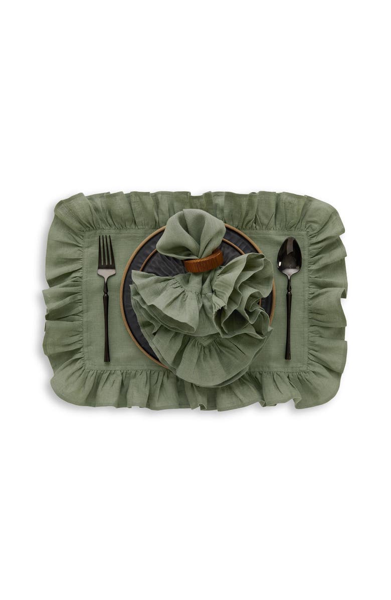 Solino Home Linen Dinner Napkins - Gabrielle Ruffle, 20" x 20" Inch, Alternate, color, Oil Green