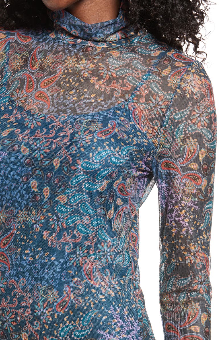 Open Edit Mock Neck Long Sleeve Mesh Midi Dress, Alternate, color, 