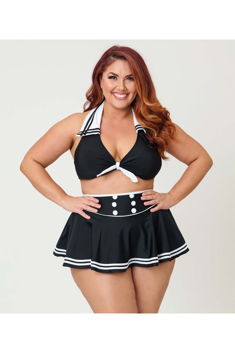 Plus Size Collared Halter Faux Tie Front Swim Top, Main, color, Black W/White Accents
