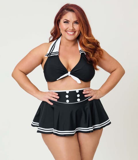 Plus Size Collared Halter Faux Tie Front Swim Top