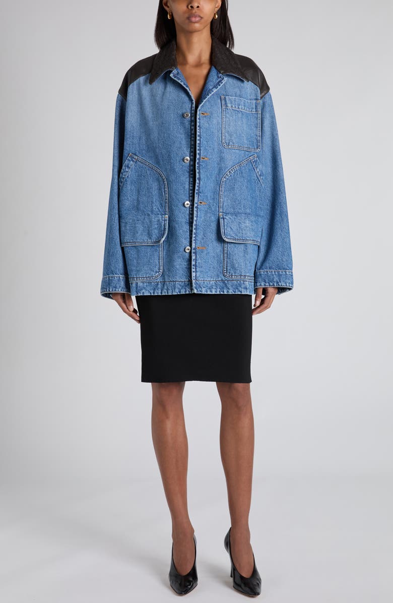 Bottega Veneta Intrecciato Collar Oversize Indigo Denim Jacket, Alternate, color, Mid Blue