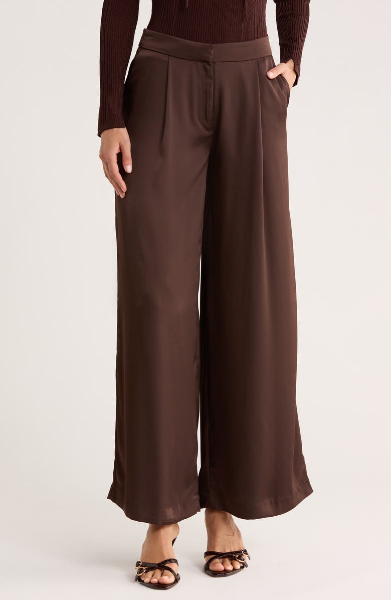 JASON WU Pleated Wide Leg Satin Pants, Main, color, Chocolate
