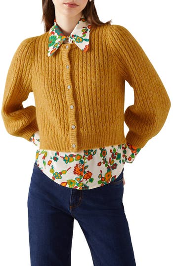 Lk Bennett Nora Pointelle Crop Cardigan In Yellow