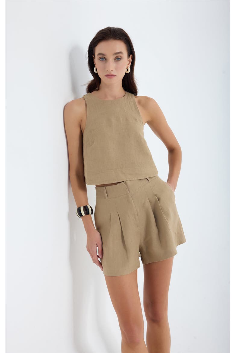 Lena 100% Linen Sleeveless Crop Top, Main, color, Dark Beige