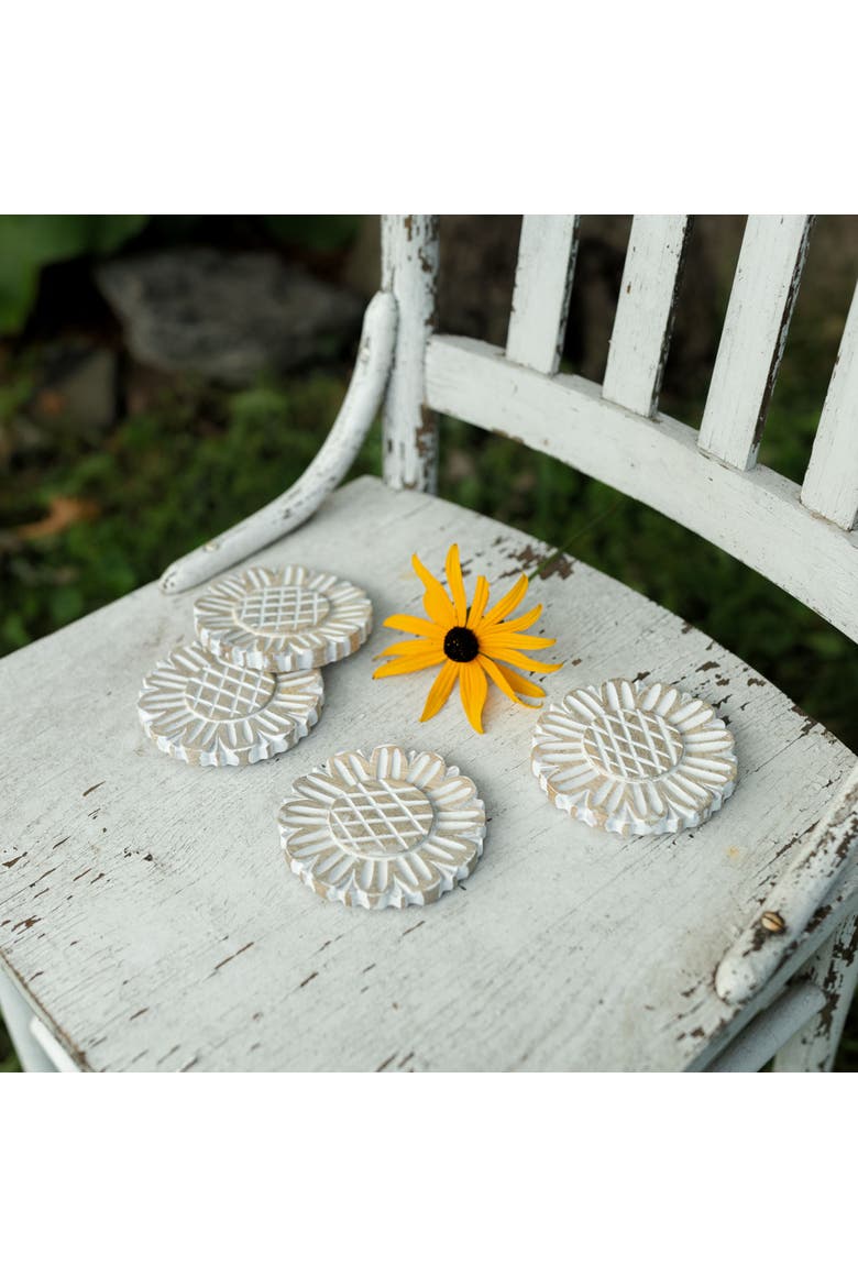 Set of 4 Floral Carved Coasters White Mango Wood & Jute, Alternate, color, White