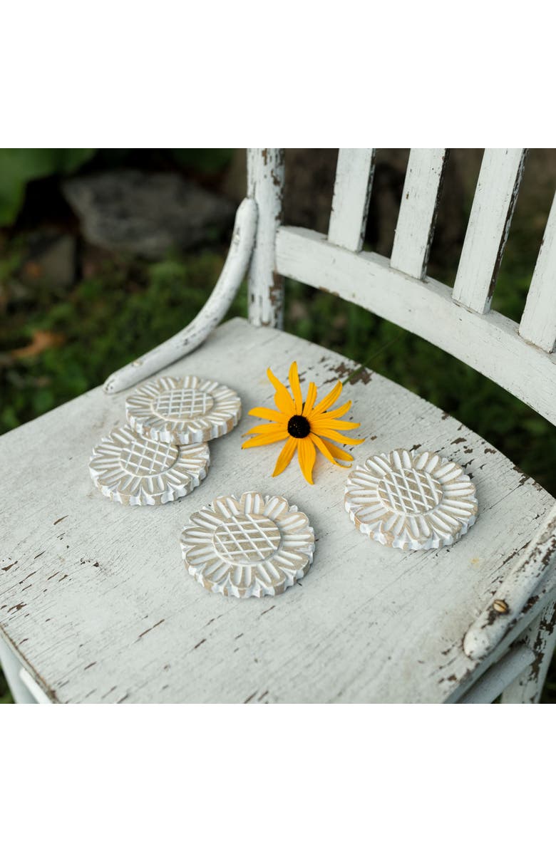 Foreside Home and Garden Set of 4 Floral Carved Coasters White Mango Wood & Jute, Alternate, color, White