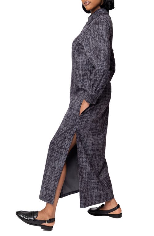 Dai Moda Bali Abstract Print Long Sleeve Double Slit Maxi Shirtdress In Charcoal