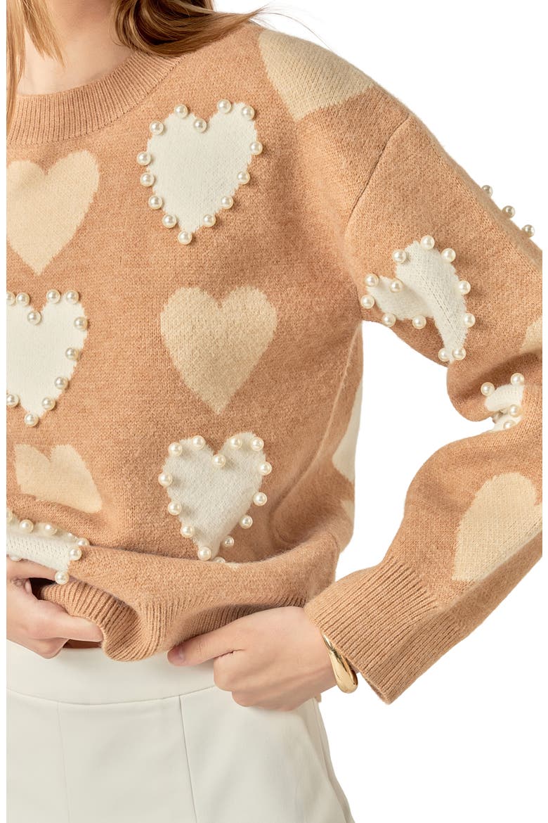 Heart Faux Pearl Embellished Crewneck Sweater, Alternate, color, TAN MULTI