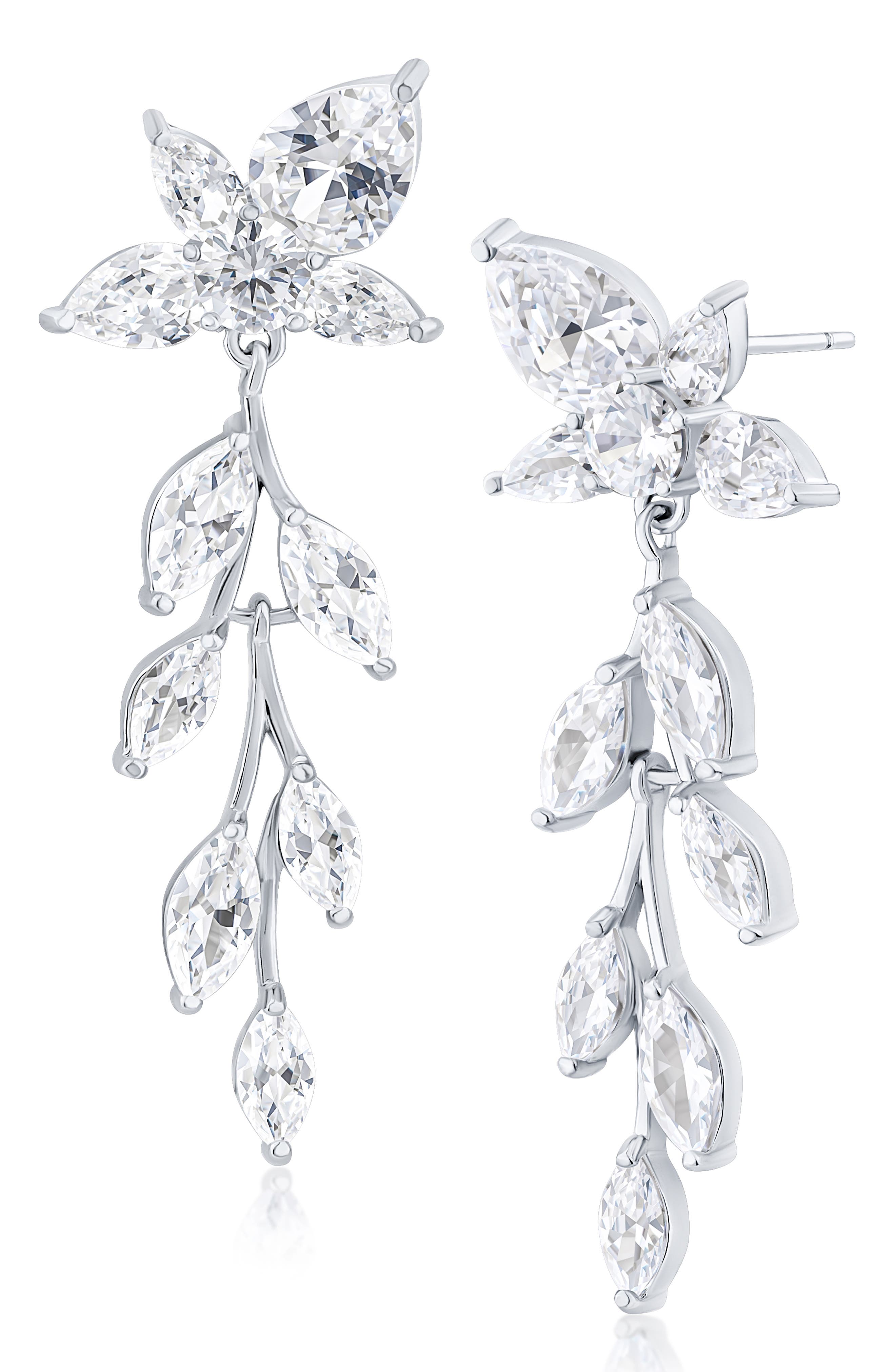 Rhodium Plated Pear & Marquis Cubic Zirconia Leaf Dangle Earrings