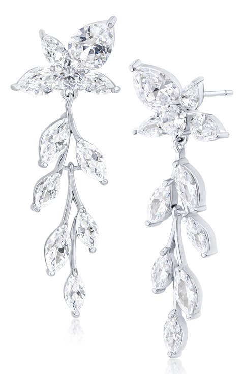 Rhodium Plated Pear & Marquis Cubic Zirconia Leaf Dangle Earrings