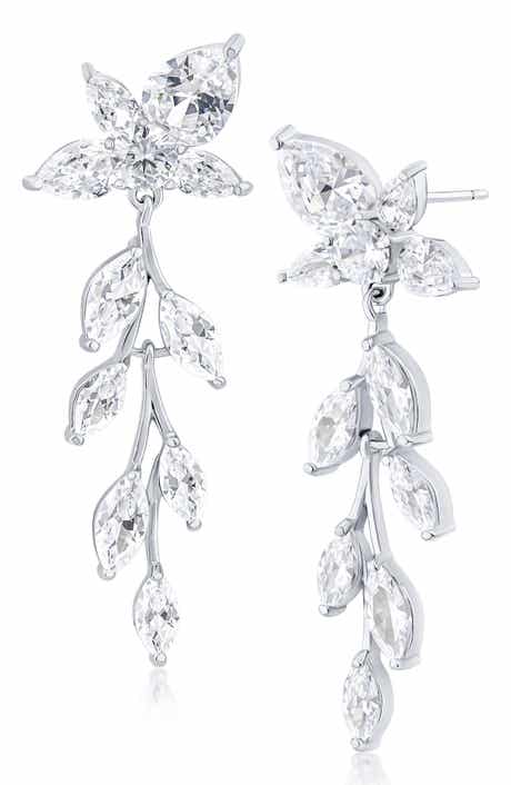 Rhodium Plated Pear & Marquis Cubic Zirconia Leaf Dangle Earrings