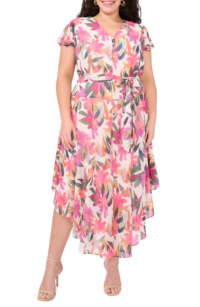 Vince Camuto Floral Flutter Sleeve Chiffon Maxi Dress, Main, color, New Ivory