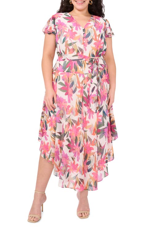 Floral Flutter Sleeve Chiffon Maxi Dress (Plus)