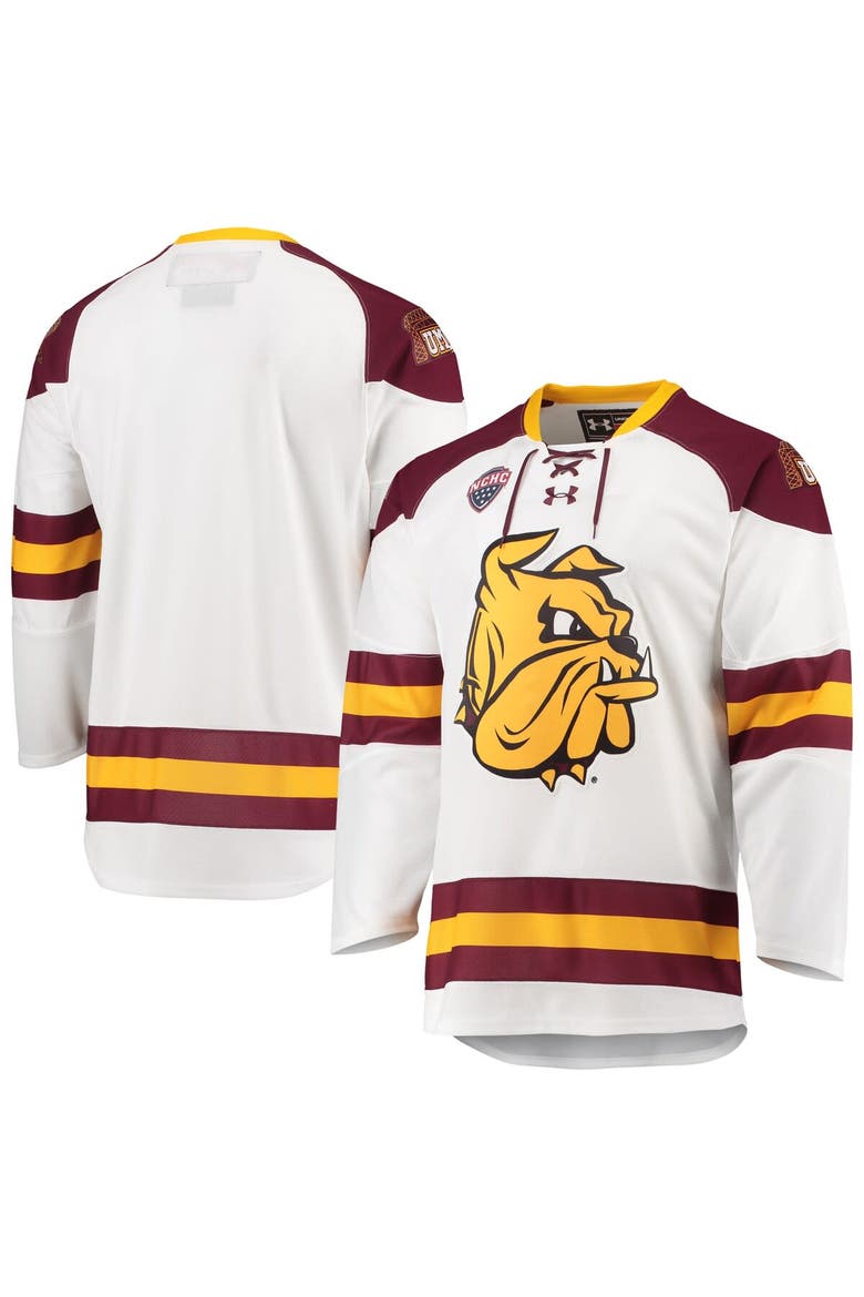 Men's Under Armour White Minnesota Duluth Bulldogs Replica Hockey Jersey, Main, color, White