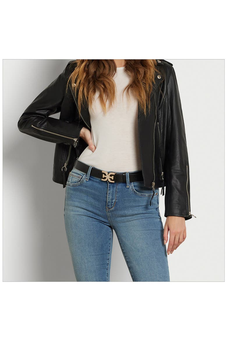 Imitation Pearl Logo Plaque Belt, Alternate, color, BLACK