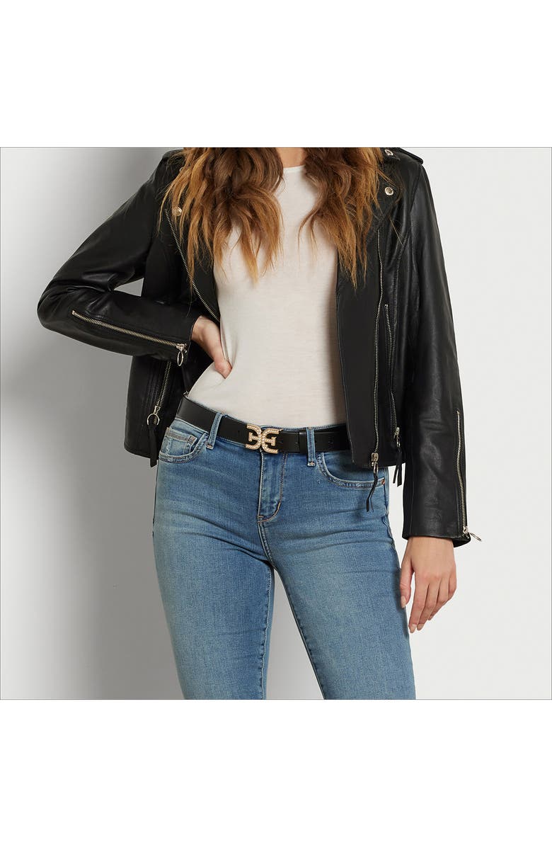 Sam Edelman Imitation Pearl Logo Plaque Belt, Alternate, color, Black